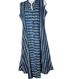 Indigo Blue Button‎ Front Midi Dress Sleeveless Boho Resort Vacation Coastal M